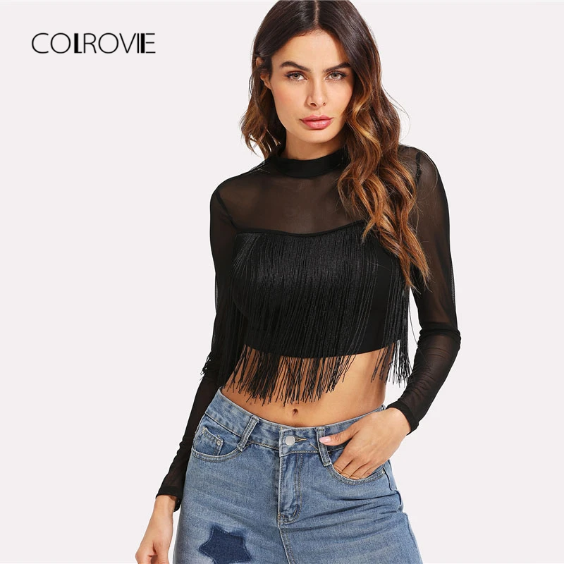 Короткий сетчатый топ с бахромой COLROVIE весна 2018 прозрачная футболка длинными