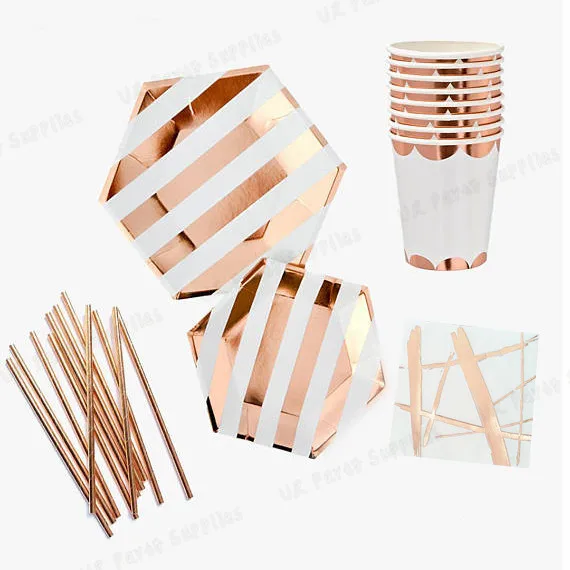 

40 sets Rose Gold Foil Party Decorations Hexagon Paper Plates Cups Napkins Straws for Birthday Bridal Shower Baby Shower