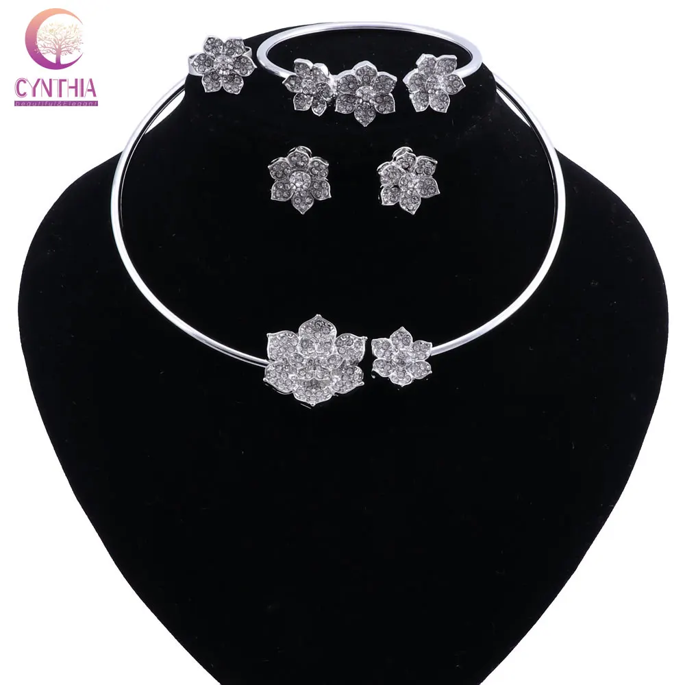 CYNTHIA элегантный дизайн в форме цветка покрытие из серебряного сплава цепочки и ожерелья Серьги Комплекты украшений для женщин костюм