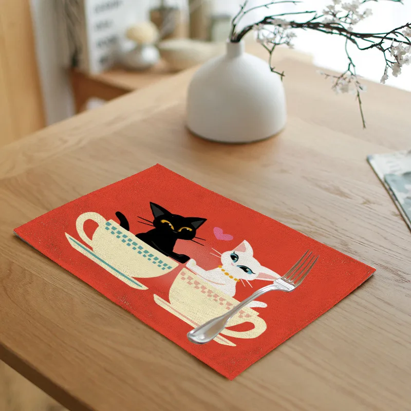 Скатерть с животными из мультфильмов 42x32 см черный милый кот велосипед скейтборд чайная, кофейная кружка Pad кухня ресторан украшение подставка в стиле «Вестерн» - Цвет: 17