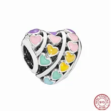 925 стерлингового серебра Смешанная эмаль многоцветные бусины в виде сердца DIY Fit PANDORA Подвески для женщин ювелирные изделия, делая любовь и оптимистический FL699