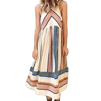 

Bohemia Women Sleeveless Summer Dress Fashion Striped Tanks Tunic Dress Mid Dresses Sexy Ladies High Waist Dress Vestidos