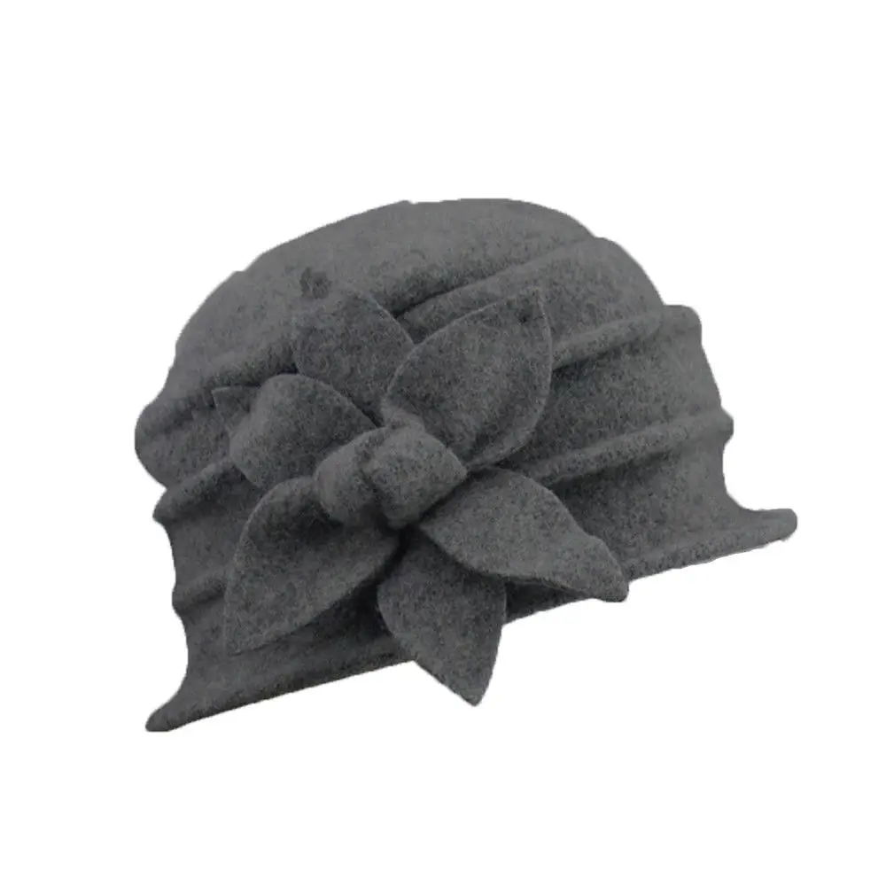 Стильный женский цветок Шерсть Войлок ведро дамская шляпа-колокол шапочка теплая зимняя шапка 3D цветок твердая женская шапка - Цвет: Темно-серый