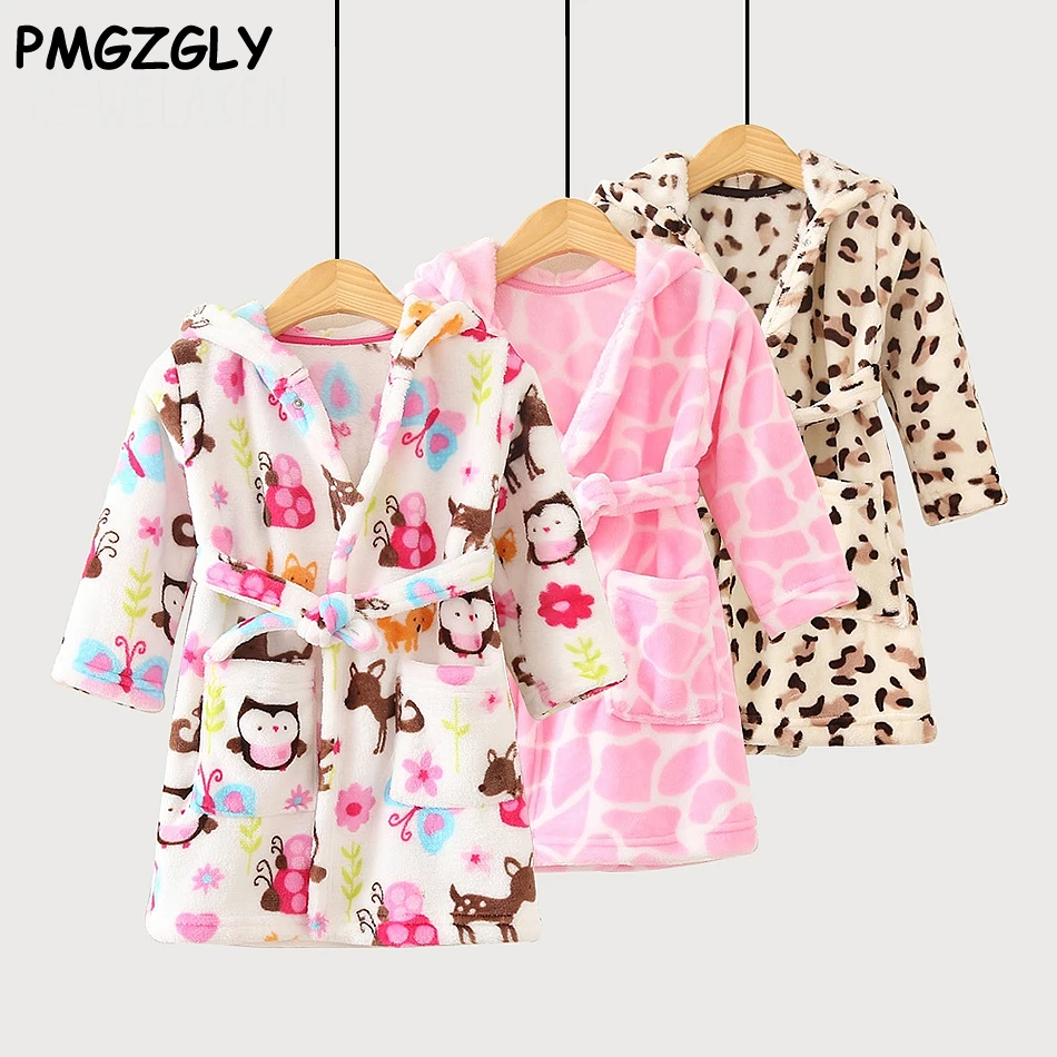 Baby Flannel Robe Bathrobes Autumn Winter Kids Cartoon Sleepwear Hooded