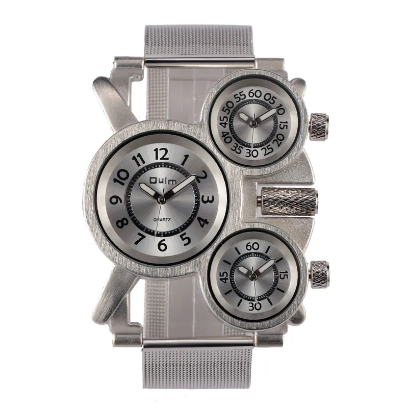 

OULM Unique Watches Men Three Time Zone Large Big Size Irregular Dial Real Mesh Band Military Men's Wristwatches Male Clock