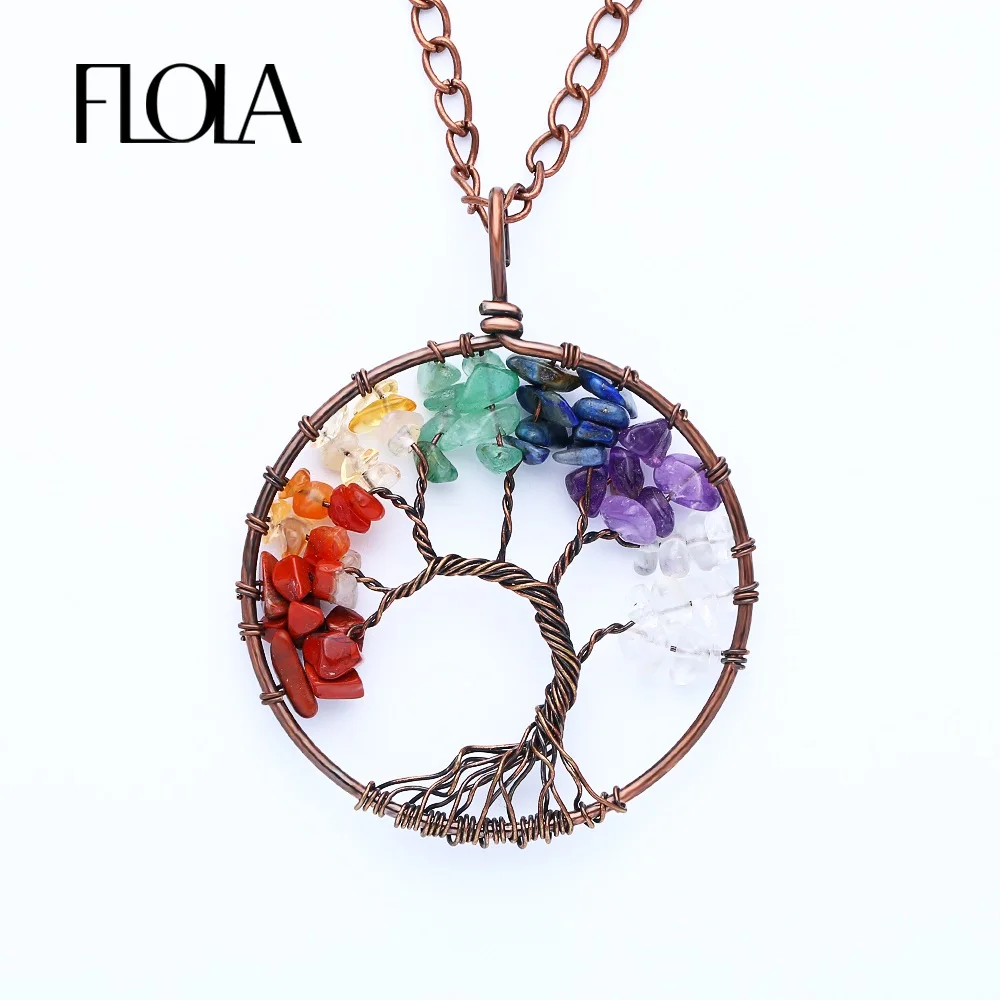 

FLOLA Reiki 7 Chakra Tree of Life Retro Pendant Necklace Quartz Crystal Healing Natural Stone Necklace Women Yoga Jewelry nken58