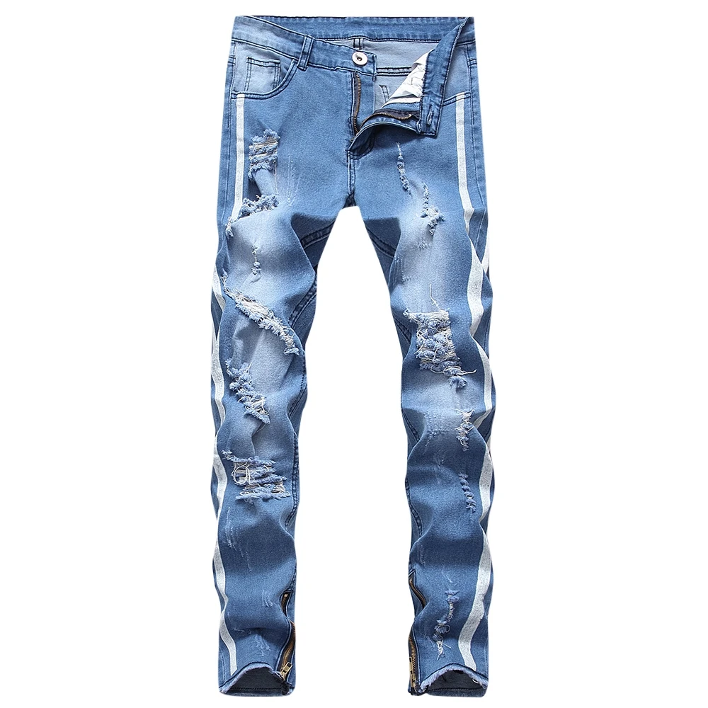 men Leg Zipper Embellished Destroyed Jeans casual Long Jeans men Mid