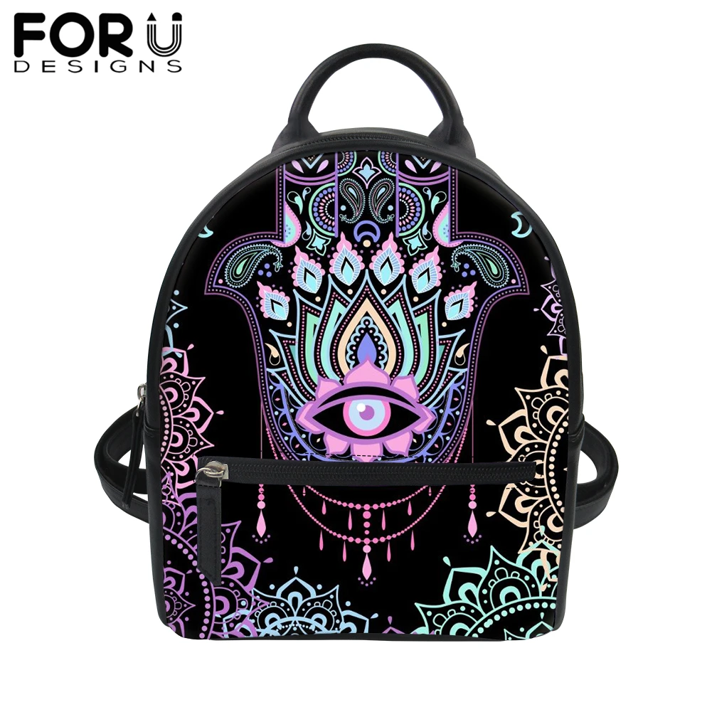 

FORUDESIGNS Fatima Hamsa Hand PU Leather Backpack for Women Evil Eye 3D Print Black School Bag Girls Travel Waterproof Daypack