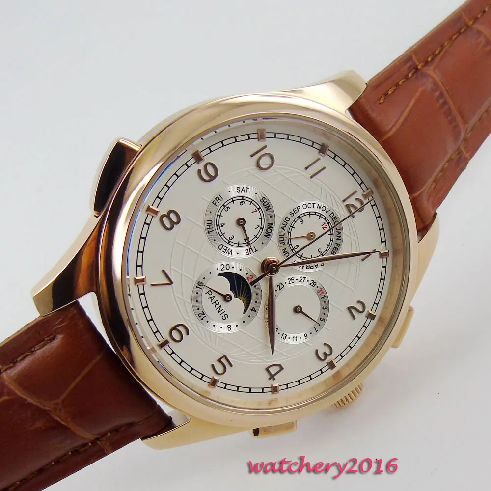 

44mm parnis White Dial golden case Leather strap Week Display Date Window Moon Phase Automatic Movement Men's Watches