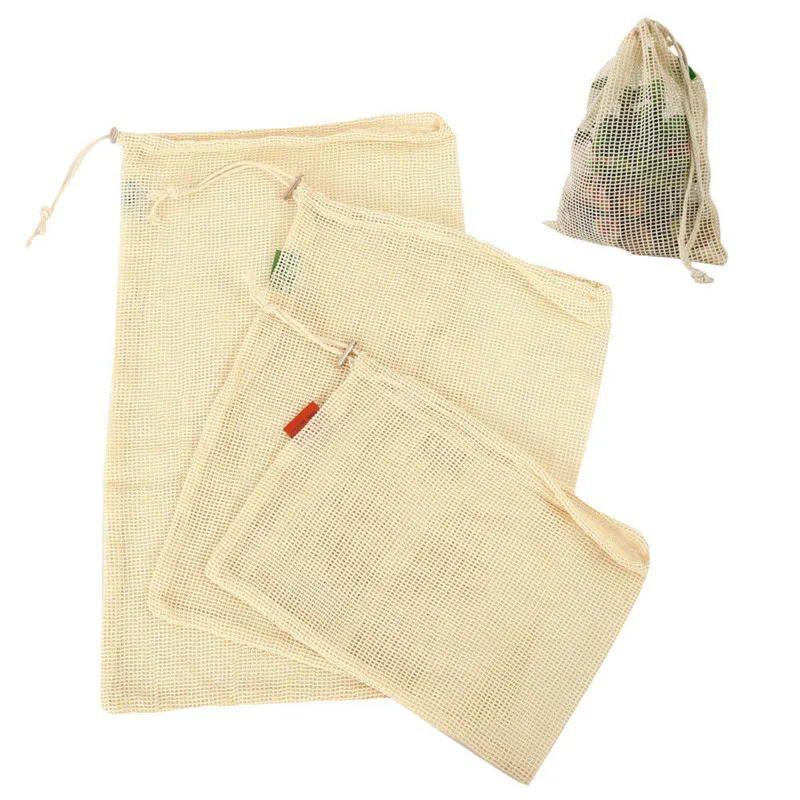 Comprar 9 Uds. Bolsas de almacenamiento de verduras de malla de algodón para la cocina bolsa de organización de frutas respetuosa con el medio ambiente con cordón reutilizable lavable