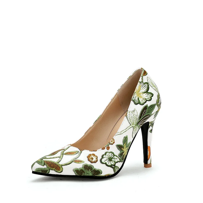 Популярные женские туфли-лодочки с острым носком модельные туфли из искусственной кожи туфли-лодочки на высоком каблуке Свадебная обувь на тонком каблуке 10 см с вышивкой - Цвет: Green