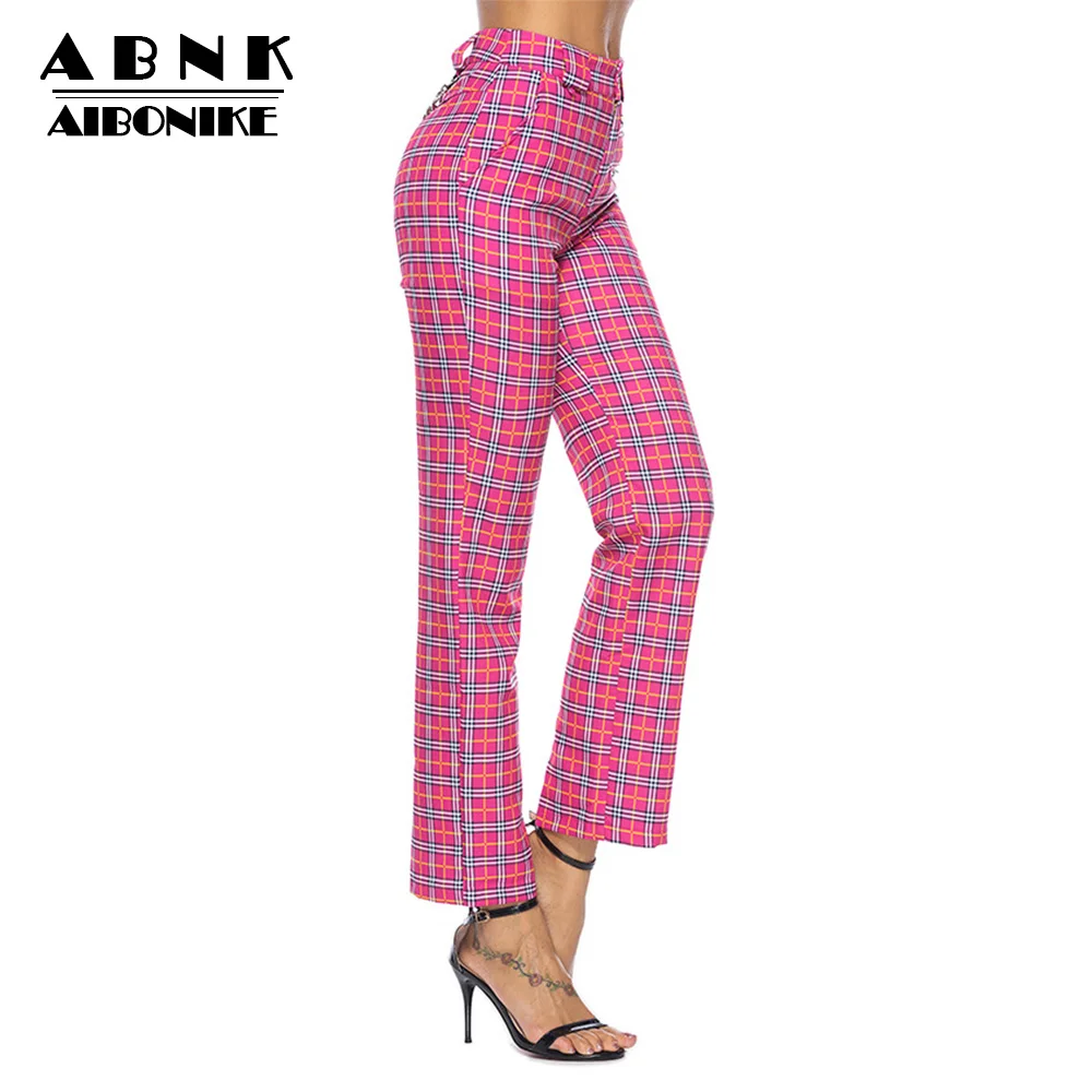 AIBONIKE High Waist Plaid Pants Women Long Pants Women Red Pink Yellow Wiman Wide Leg Pants Elegant Trousers Chiffon With Sashes Pants