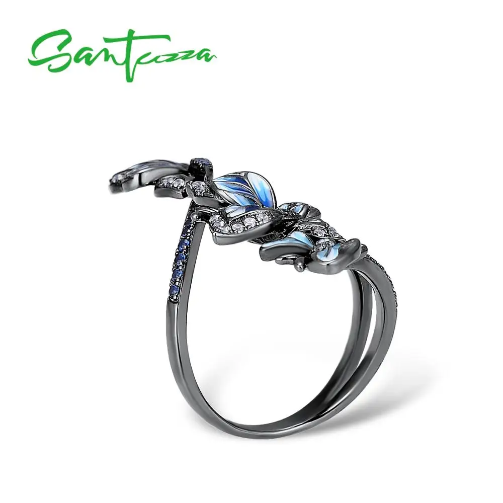 Skup SANTUZZA srebrny pierścionek dla kobiet 925 srebro niebieskie pierścionki z motylkiem cyrkonia Party biżuteria Handmade emalia