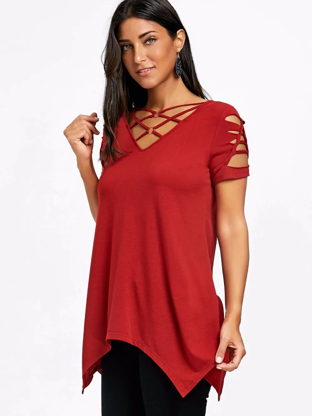 VESTLINDA Shredding Criss Cross T-Shirt Women Clothing Summer 2018 V Neck Short Sleeve Crescent Hem Cutout Tee Top Female Tshirt 8