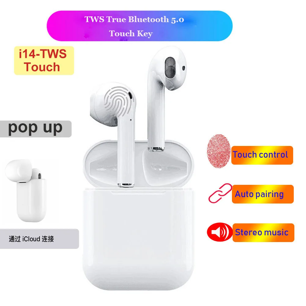 

pop up i14 Tws Touch Control Bluetooth 5.0 Earphone Stereo mini Earbuds pk i7s i10 i11 i12 i120 i30 tws