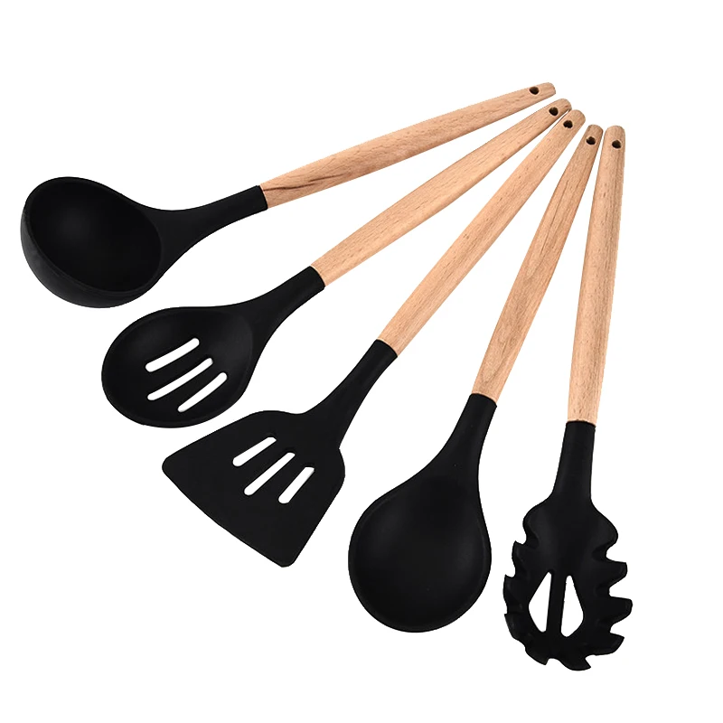 New 5Pcs/Set Silicon Kitchen Cooking Tool Set With Wooden Handle Heat Resistant Turner Soup Ladle Spoon Set Cooking Accessories New 5Pcs/Set Silicon Kitchen Cooking Tool Set With Wooden Handle Heat Resistant Turner Soup Ladle Spoon Set Cooking Accessories