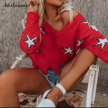 

Autumn Sweater Women V Neck Red Cropped Knitted Pullovers Sweater Winter Star Pattern V Neck Streetwear Crop Top Sweater Jumper