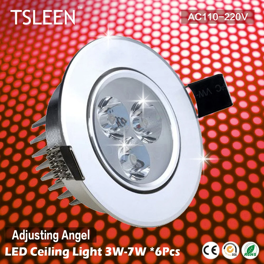 

TSLEEN 6x Angel Adjusting LED Round Recessed Ceiling Downlight 110V/220V COB Lamp Cool Warm White 3W/5W/7W Silver Shell