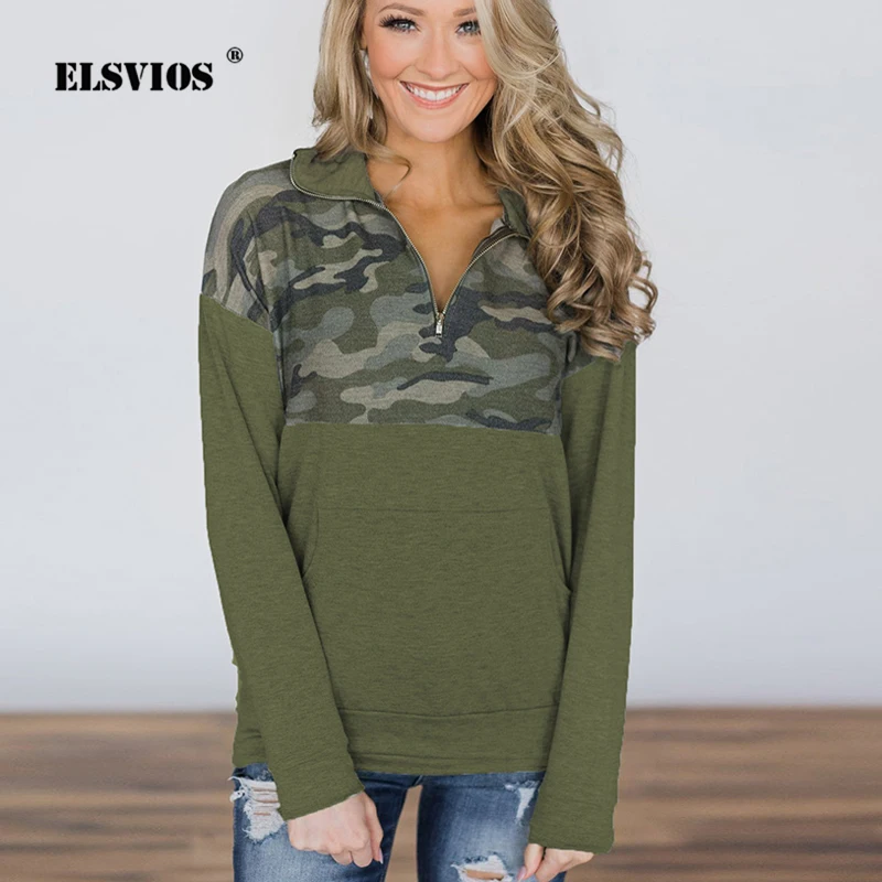 

ELSVIOS Fashion Print Camouflage Patchwork Hoodies Zipper Sweatshirts Women Long Sleeve Casual Coat Female Pockets Tops Pullover