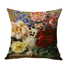 Vintage Style Oil Painting Flowers Cushion Covers European Retro Flowers Art Cushion Cover Beige Linen Pillow Case Free Shipping