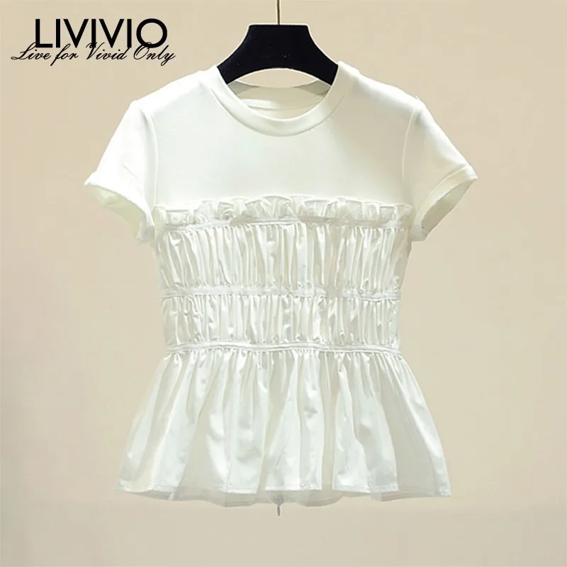 

[LIVIVIO] Chiffon Patchwork T-shirt For Women O Neck Ruffles Ruched Loose T-shirts Female Elegant Fashion Summer 2019 New