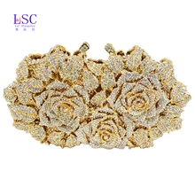 LaiSC Gold Silver Evening Bag Rose Flower Holiday Party Clutch Purse Crystal Bag Stylish Day Clutches Prom Ladies Handbag SC427