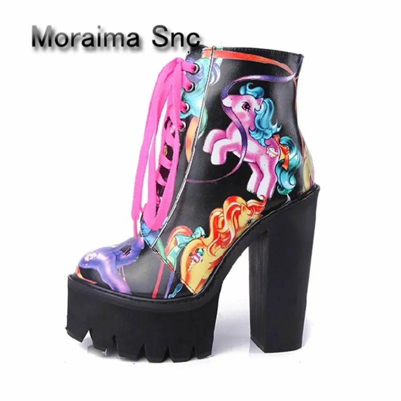 

Moraima Snc Newest Print Women Ankle Boots 14CM Chunky High Heel Lace Up Platform Boot Female Riding Boots Rubber Botas Mujer