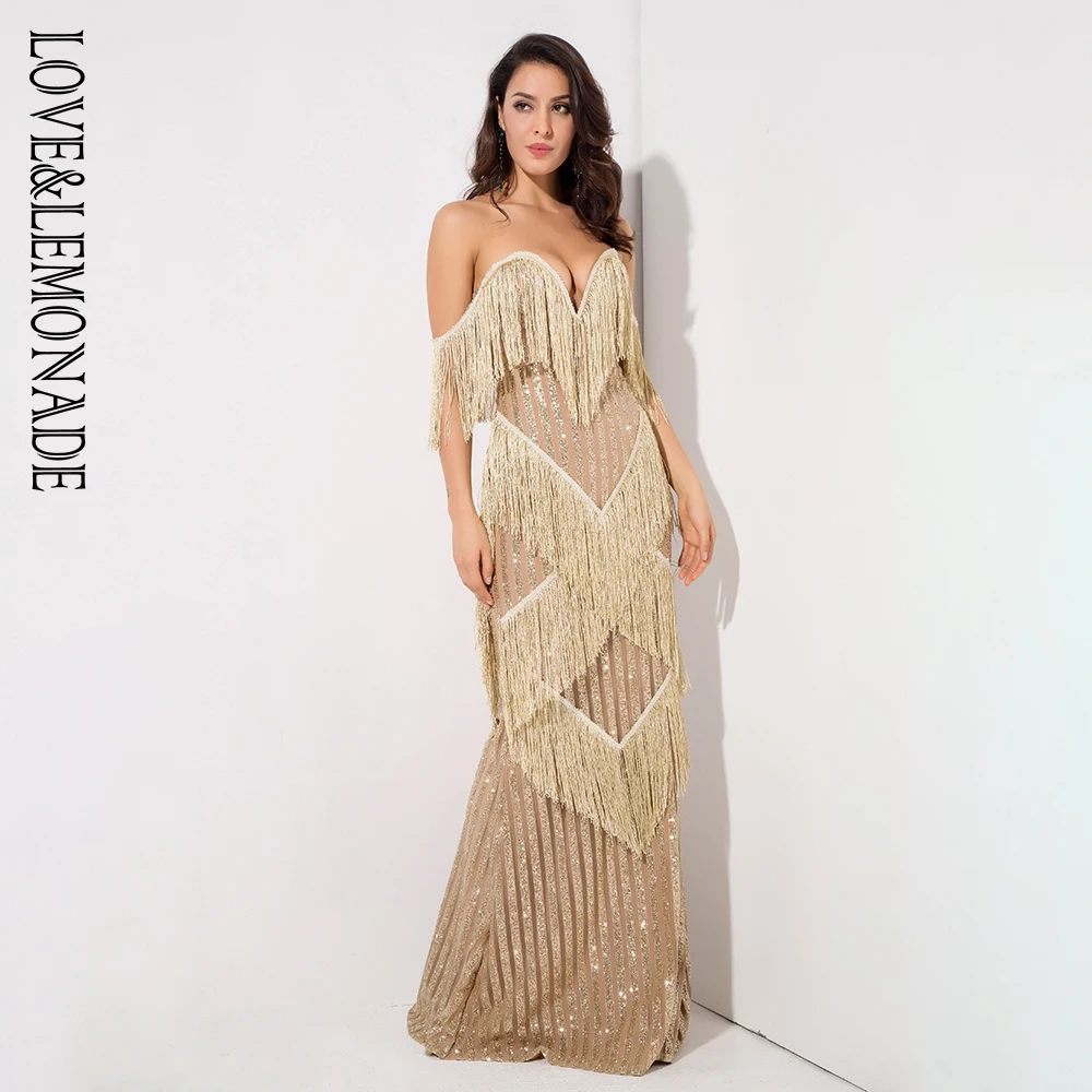 Lovelemonade Deep V-neck Gold Fringed Decorative Stripes Glitter Long Dress  Lm1316 - Dresses - AliExpress
