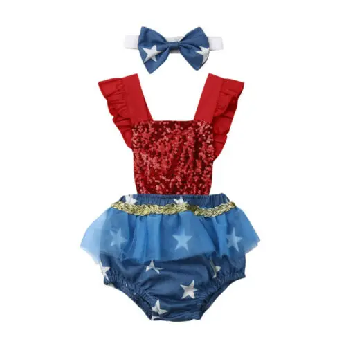 

Pudcoco Newborn Kids Baby Girl Clothes Sleeveless Lace Star Sequins Romper + Headband 2PCS Set