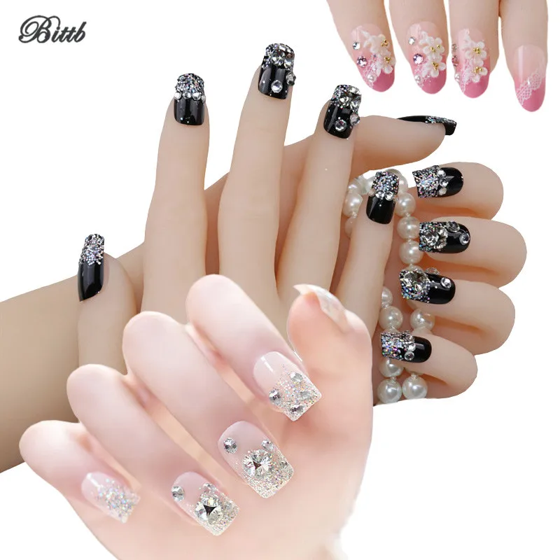 

24Pcs/Set Finished False Nails Bride Nail Art Extension Tips Fake Nail Lace Flower Fingernail Press on Nails Tips Decorations