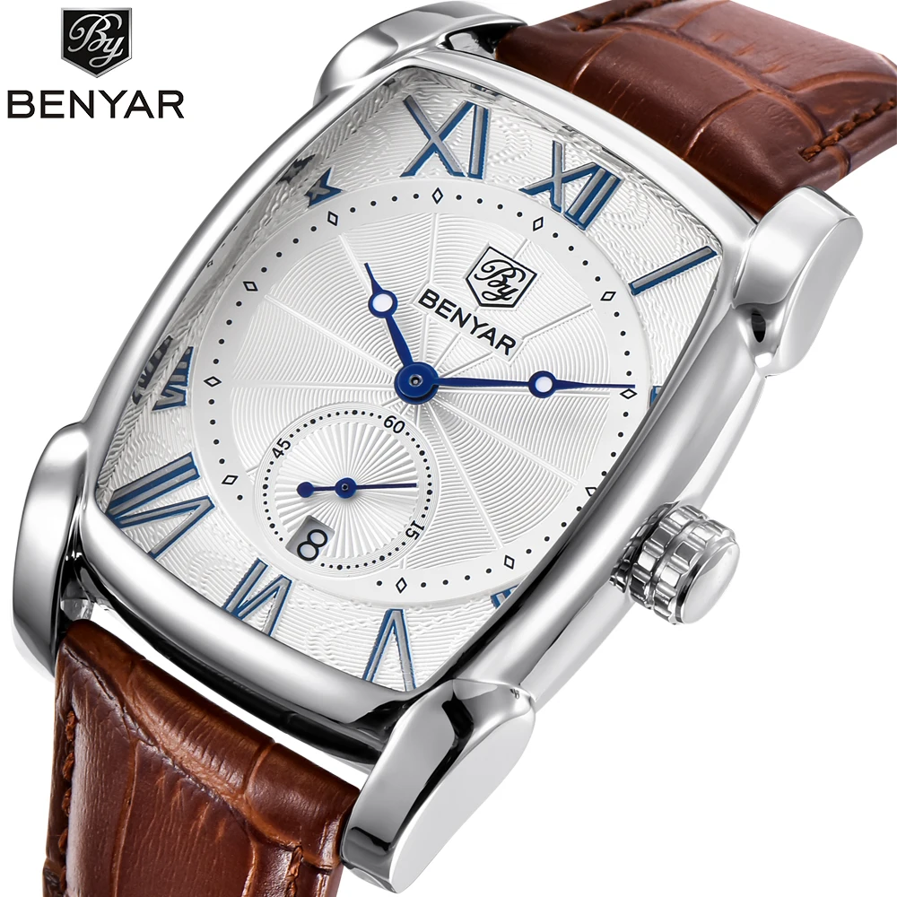 

BENYAR Top Luxury Brand Leather Strap Men's Watches Sports Square Men Quartz watch Clock Military Watch Relogio Masculino Saat