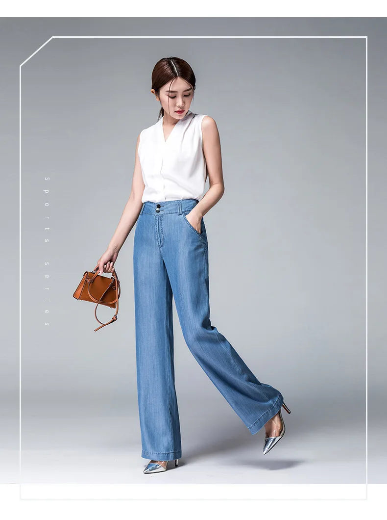 ACRMRAC Для женщин джинсы новый осень сплошной цвет синий тонкий двумя пуговицами высокой талии свободные лиоцелл широкие брюки Штаны полной
