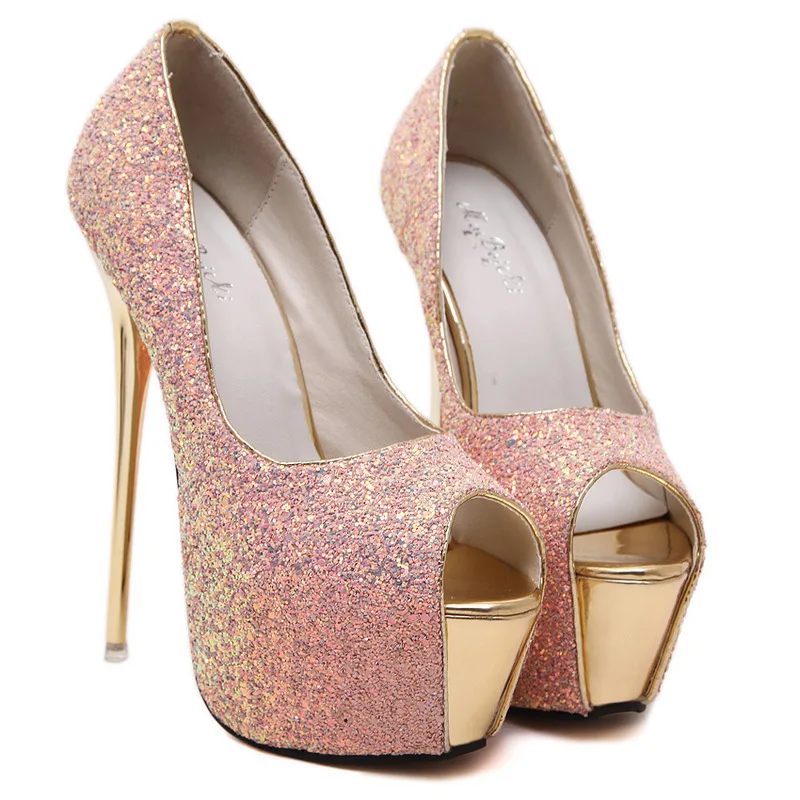 

New nightclub high-heeled shoes Europe and America sexy sequins fish mouth stiletto shoes waterproof platform high heels large s