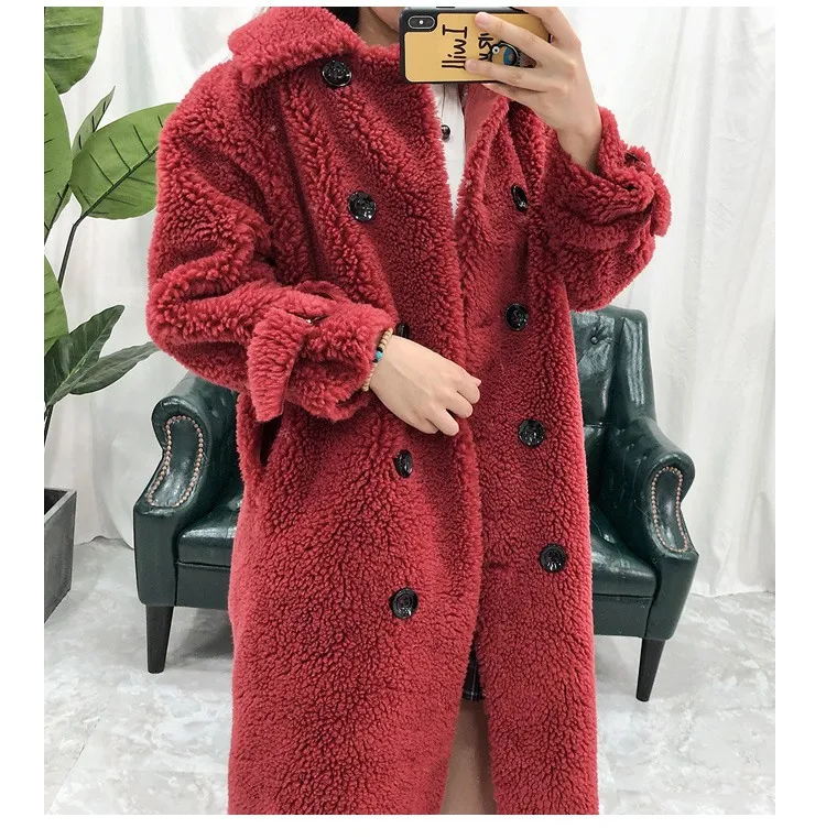 Новинка, модное длинное женское плотное зимнее длинное пальто из овечьего меха, теплое для зимы, для женщин, Россия, Европейский большой свободный стиль, верхняя одежда - Цвет: red