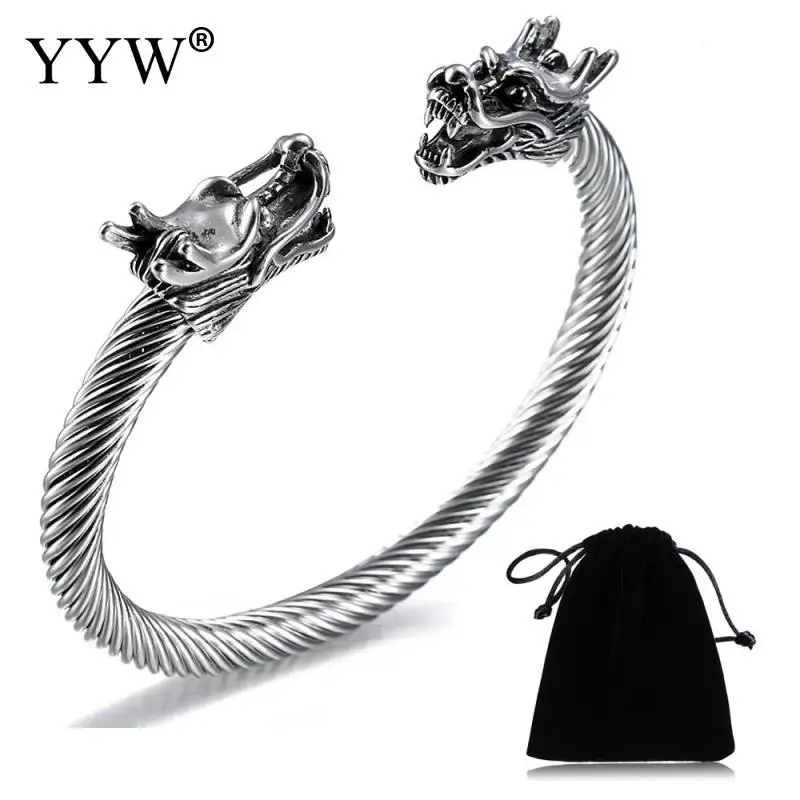 YYW Double Head Dragon Terminal Bracelet for Men Stainless Steel Twisted Cable Cuff Bangle Adjustable Elastic Male Jewelry Bag