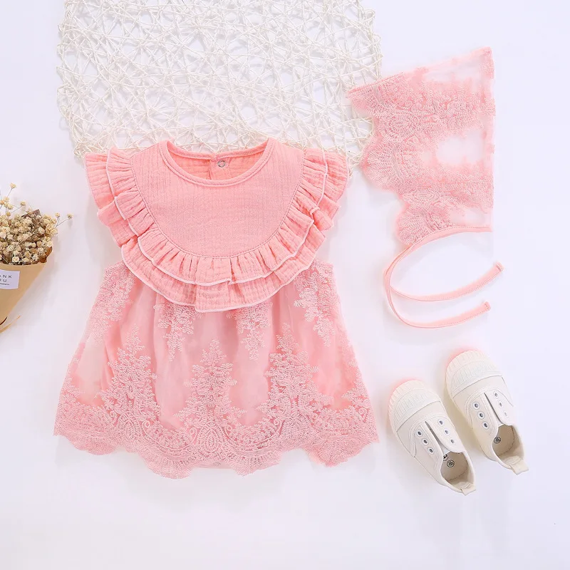 

Summer Princess Style Newborn Baby Dress +hat 2pcs set birthday Christening pink Ruffle Lace baby girls clothes Party Dresses
