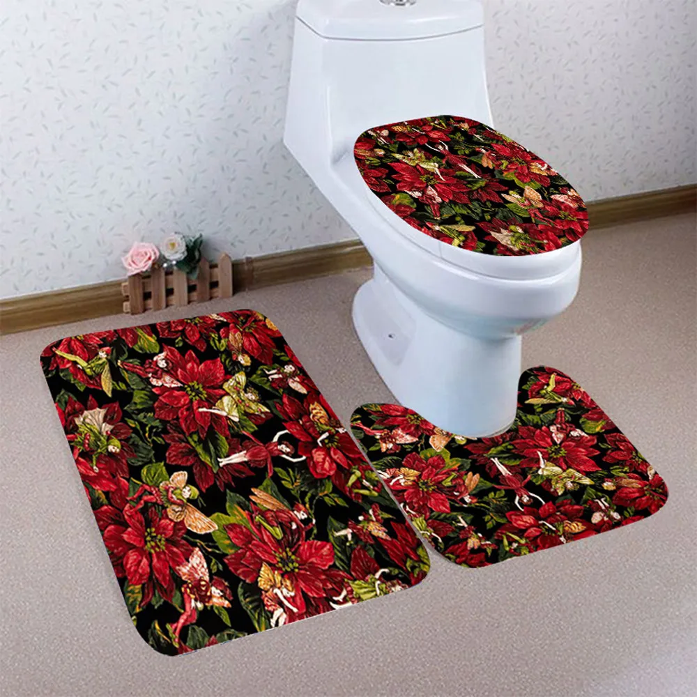 

3Pcs/set Bathroom Mat Set Non-Slip Pedestal Rug + Lid Toilet Cover + Bath Mat Set Flower Printed Washable Bathroom Toliet Rug