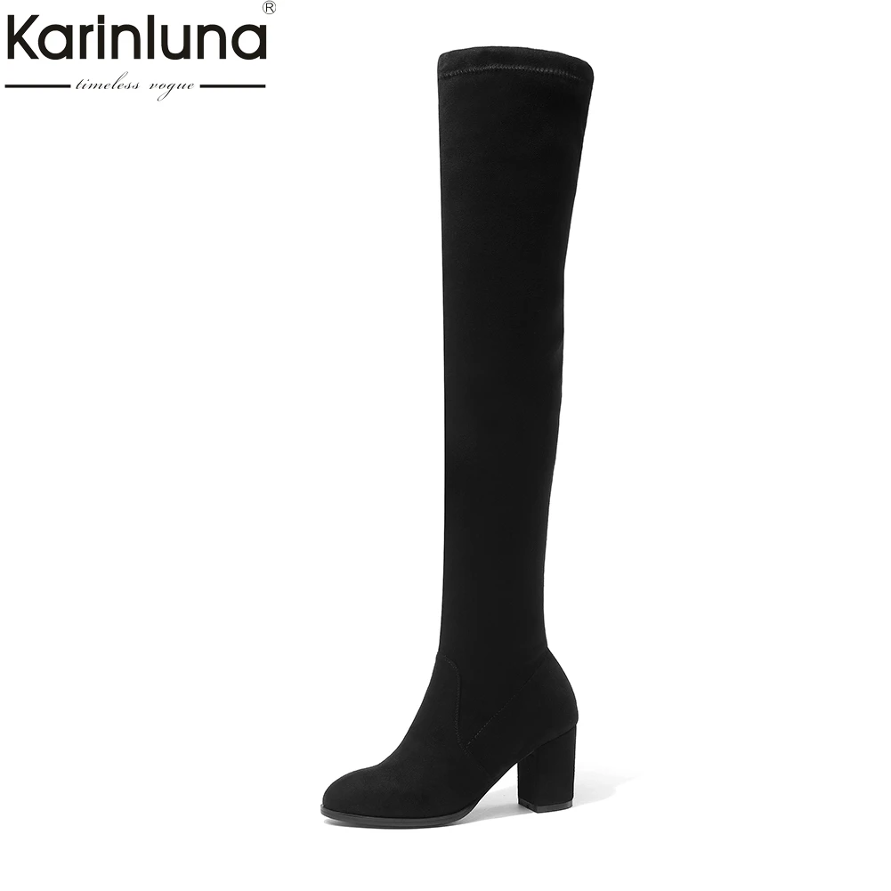 

Karinluna Brand Stretch Fabric Zip Up Knot Woman Long Boots Women's Shoes large sizes 34-43 Square Heels Riding Boots female