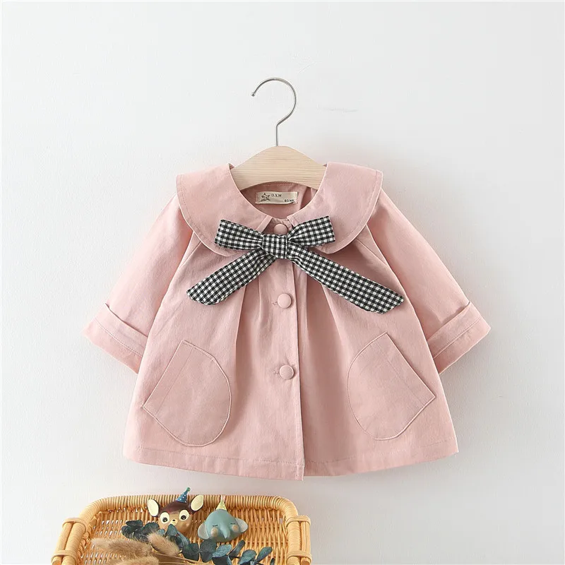 Girls spring solid color plaid bow tie trench baby kids fashion turn-down collar coats kids long sleeve jackets clothes - Цвет: Розовый
