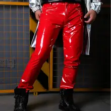 Мужские брюки из красной лакированной кожи, изготовленные на заказ, мужские Модные певицы, танцовщицы, хип-хоп стиль, облегающие брюки, сценические костюмы M-2XL