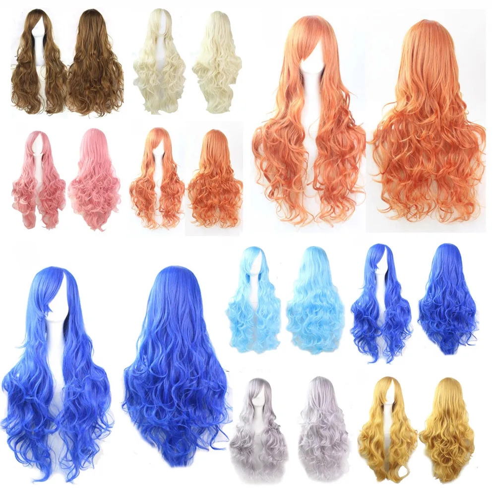 Fashion Sexy Women Lady Anime Long Curly Wavy Hair Colorful Resistant Full Wig Cosplay Party Hairnet