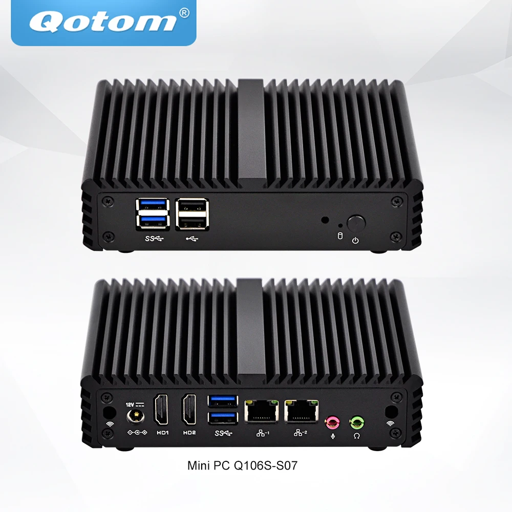 

QOTOM BayTail Mini PC J3060 up to 2.48 GHz, X86 Fanless Mini PC Dual NIC