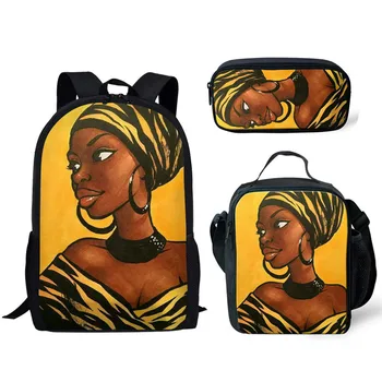

ThiKin 3pcs/set School Bags for Girls Black Art African Girl Print Children Book Bags Kids Large Capacity School Bagpack Mochila
