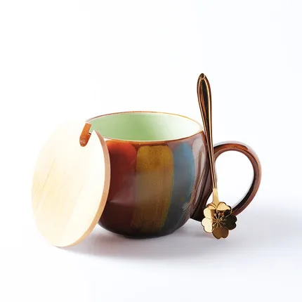 Ретро Керамическая кофейная кружка с крышкой и ложка для молока чашка для завтрака винтажная большая емкость креативный Европейский стиль красочная краска - Цвет: Green Gold Spoon