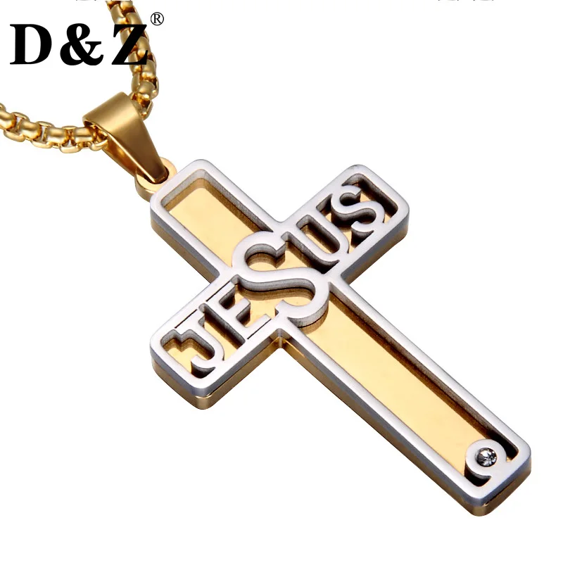

D&Z Gold Color Two Tone Jesus Cross Necklace Stainless Steel Christian Crucifix Pendants & Necklaces for Christian Jewelry