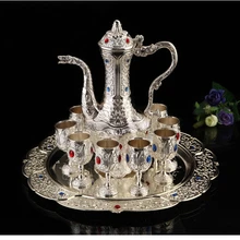 10 шт./компл. цинкового сплава металла графин для вина набор 1 горшок для вина, кувшин для напитков колба 8 чашек лоток тисненые украшения дома drinksware JJ027