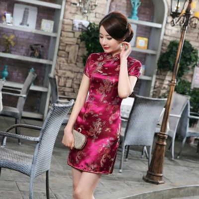 Vintage OLd Shanghai Dragon&Phoenix Qipao Elegant Women Cheongsam Oversize 6XL Mandarin Collar Sexy Short Chinese Dress Vestidos - Цвет: wine dragon phoenix