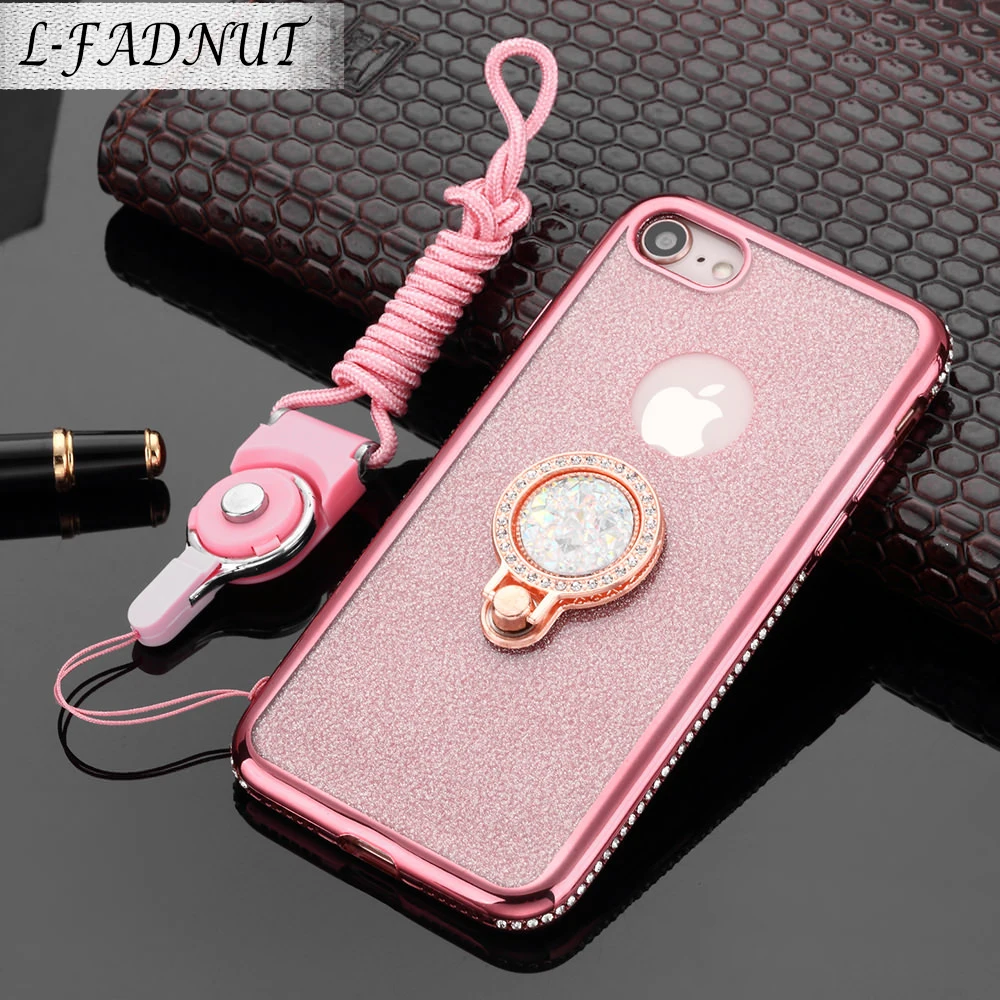

Luxury Bling Glitter Cases For iPhone X Case Xr Xs Max 8 7 6S 6 Plus 5 5S SE Lovely Wrist Strap Finger Ring Bracket Bumper Cover
