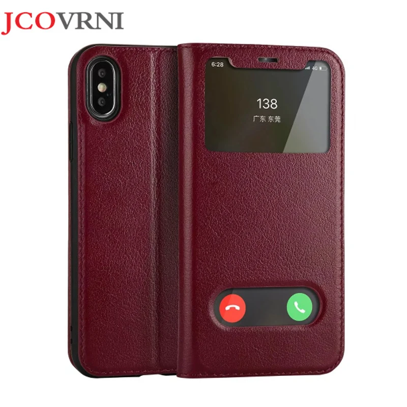 

JCOVRNI Cow leather double window for iPhone 7 7plus with stand function for iphone XR XS 8plus business phone full leather case