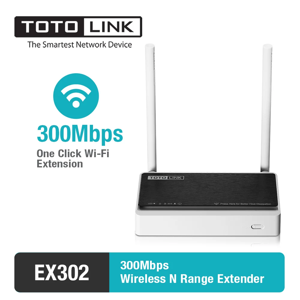 

TOTOLINK Wireless Wifi Repeater Range Extender with 300Mbps 1*Lan Port 2*5dBi External Antennas Network Expander Booster EX302